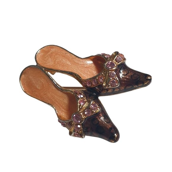 Vintage TC Signed Rhinestone High Heel Shoe Brooch Brown Pink Stones Mom Grandma - Picture 1 of 4